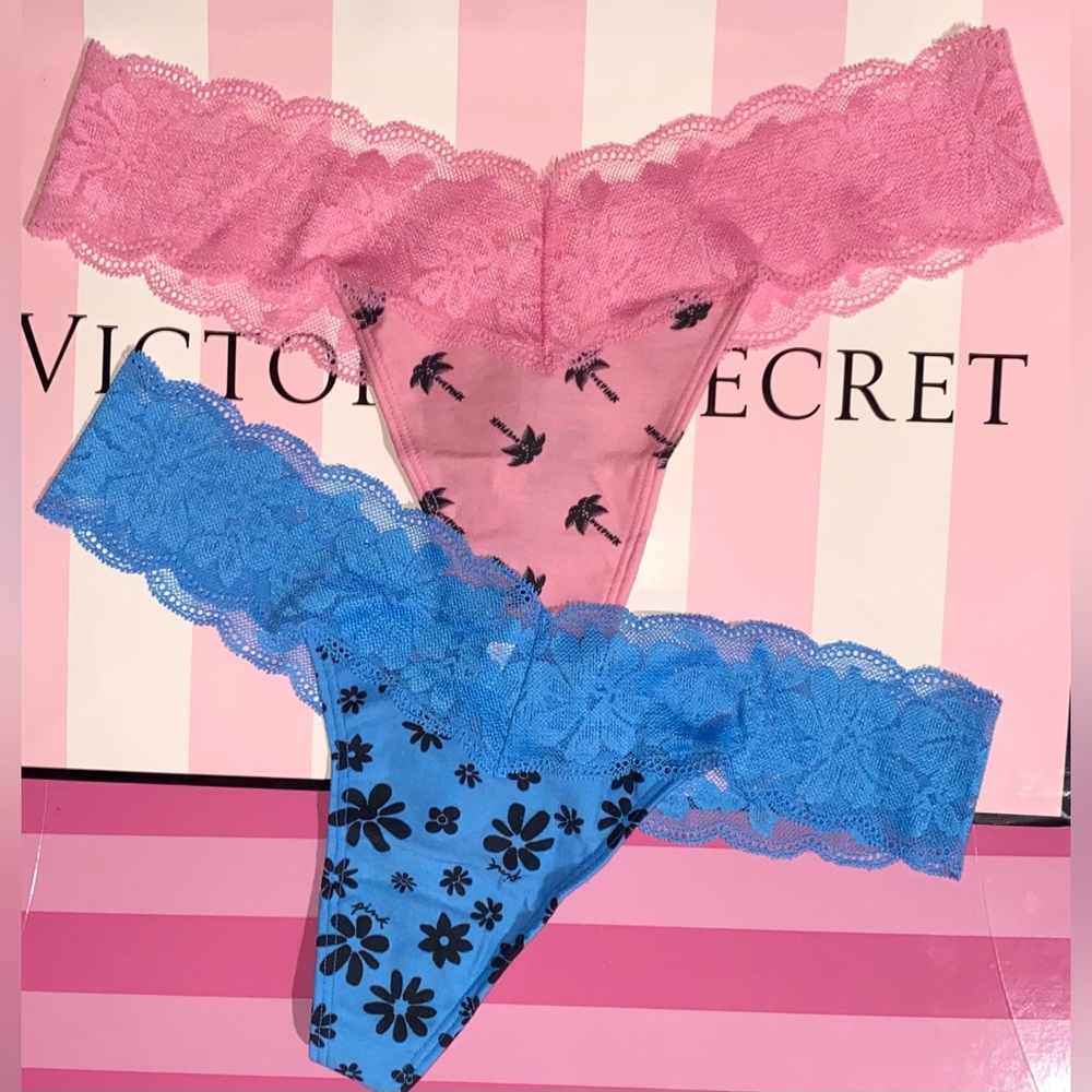 2 Victoria’s Secret PINK Thong Panties PINK lace panties bundle floral lace blue